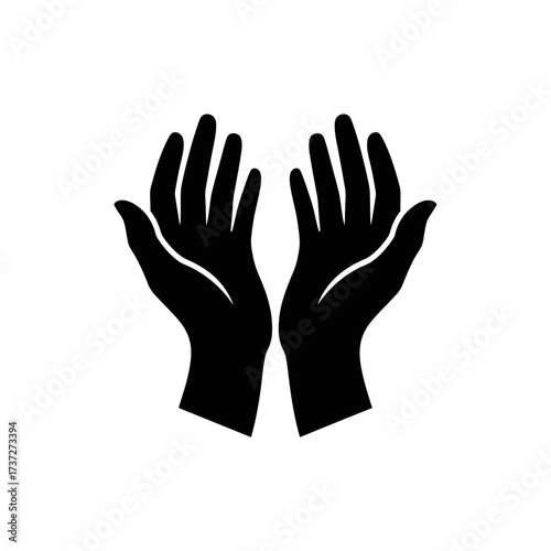 Minimalist black and white graphic illustration depicting two open human hands in a gesture of prayer, offering, or receiving, symbolizing hope and spirituality