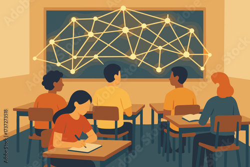 Classroom illustration connected lines above network web vector their forming desks connection