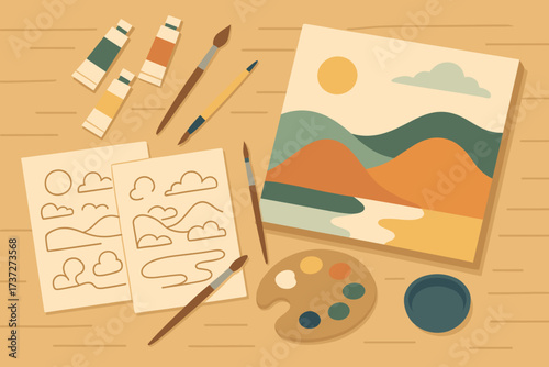 Creative vector sketches artist s showing painting filling colors illustration canvas desk