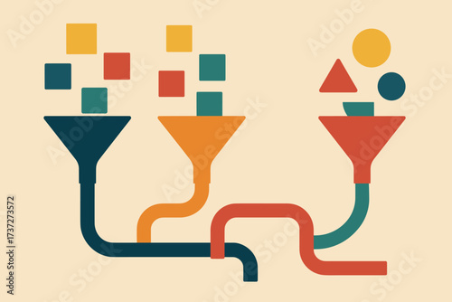 Color flow passing stages illustration vector as blocks shape through transformation data