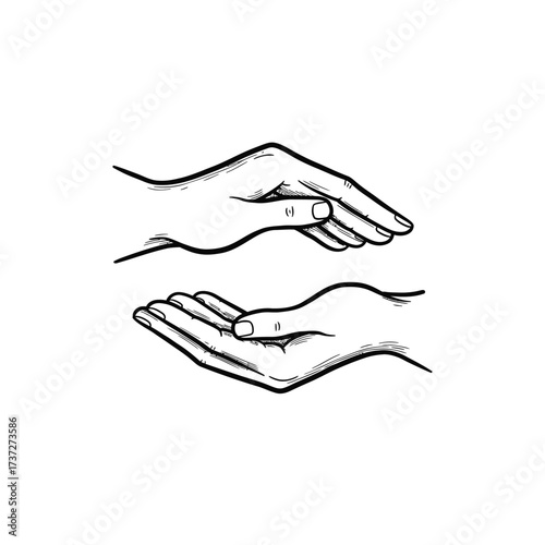 Illustration of two hands, one open and cupped, the other gently resting above it, symbolizing care and protection
