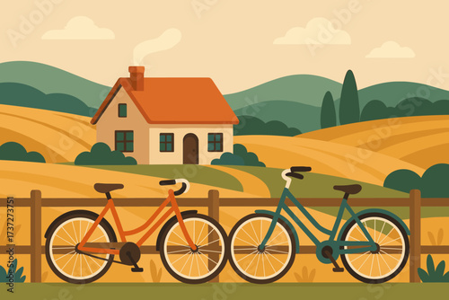 Vector surrounding it landscape cottage hills bicycles fields cozy leaning illustration
