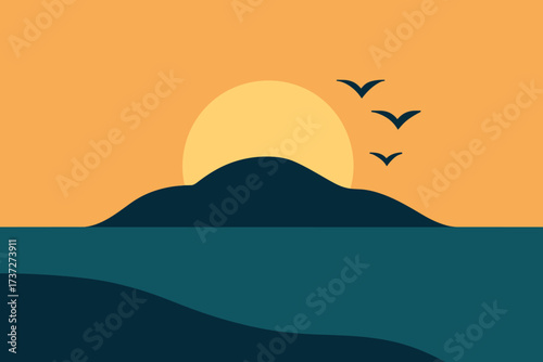 Island horizon vector over sun few illustration birds flying abstracted sunrise across