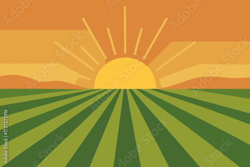 Emerges to design sun sunrise crops horizon vector minimal illustration where fields