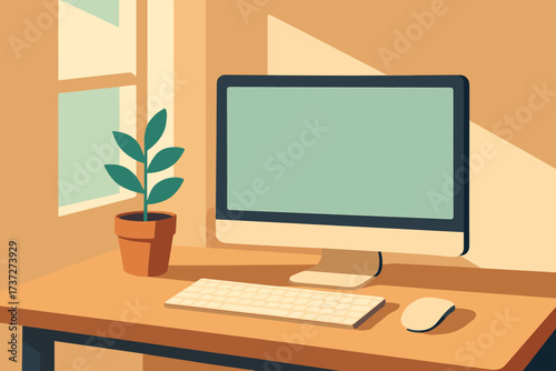Potted window vector elegance from illustration mouse tidy computer workspace sunlit keyboard