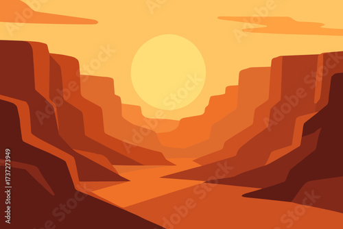 Rising cliffs desert casting sunrise geometric sharp vector illustration across shadows minimalism
