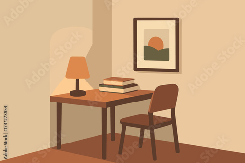 Workspace desk picture lamp stack framed books minimalist illustration vector cozy wall