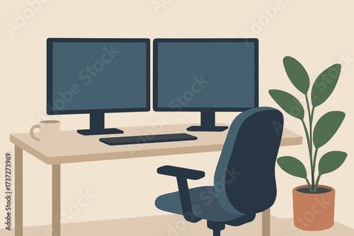 Illustration chair dual minimalist design clean cup workspace ergonomic desk vector corner