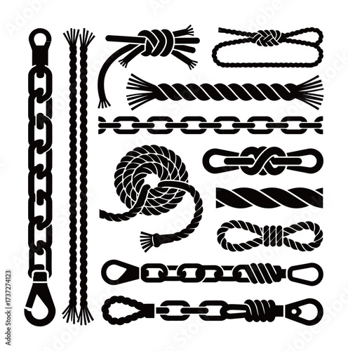 Ropes, Knots, and Chains Silhouettes Set. Vector Collection of Nautical, Climbing, and Industrial Cord and Linkage Icons.