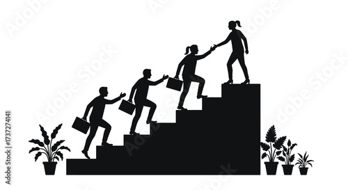People climbing stairs helping each other up toward a common goal