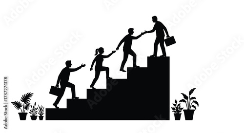 People helping each other climb steps symbolizing support and teamwork