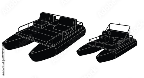 Simple black and white illustration of two catamaran style boats