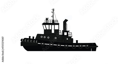 Simple black silhouette of a classic tugboat on a white background