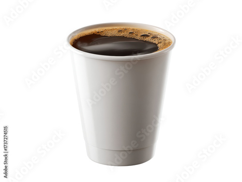 White paper cup filled with dark coffee and foam image, Isolated, Png Transparent Background