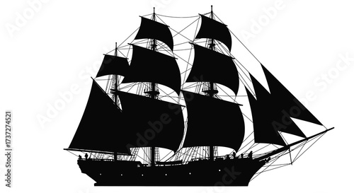 Detailed silhouette of a majestic sailing ship with expansive sails