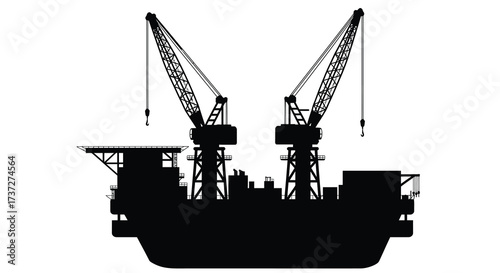 Silhouette of offshore oil platform with cranes against a white background