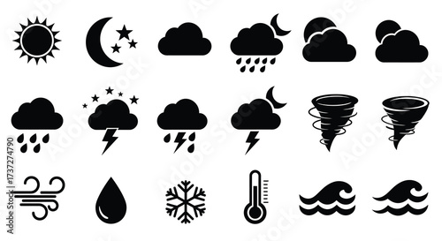 Collection of diverse weather icons including sun moon clouds and storms