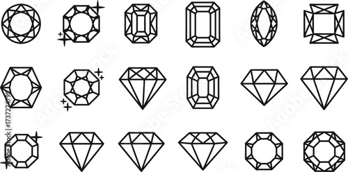 Jewel Collection Outline, Diamonds Set with Different Cut, Shapes on Transparent Background