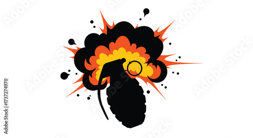 Cartoon explosion with a grenade shape and bright orange flames