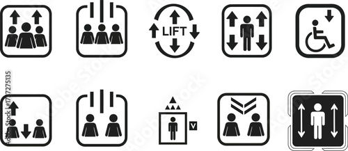 Lift Icons Set, Collection of Elevator Symbols, Accessibility Signs, Building, Transportation