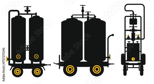 Industrial gas cylinders with valves and wheeled cart multiple views shown