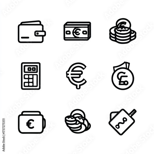 Finance and economy line icon set featuring wallet euro currency calculator and investment tracking for global business