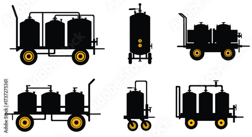 Industrial equipment silhouettes tanks carts and machinery on white background