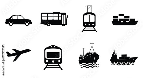 Various modes of transportation depicted in simple black and white icons