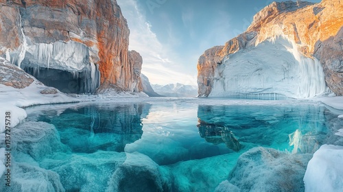 Scenic Winter Landscape with Ice - covered Cliffs and Frozen Waterfall over a Clear Lake