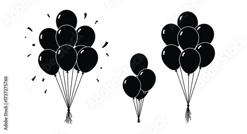 Black balloon clusters in a simple graphic celebratory and decorative style