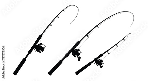 Three fishing rods with reels depicted in a simple black and white style
