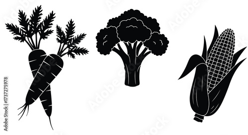 A simple black and white illustration of carrots broccoli and corn