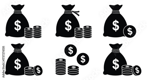 Black and white illustration of money bags and stacks of coins