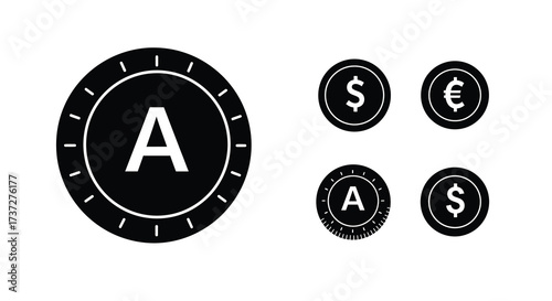 Black and white graphic of coins with letters and currency symbols