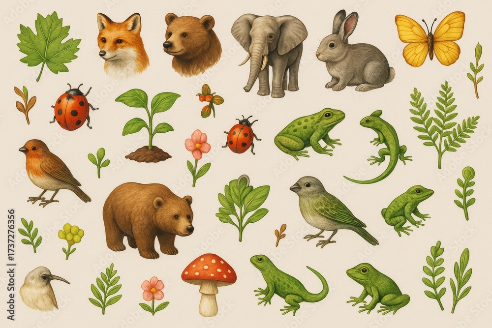 Fototapeta premium Collection of forest animals, insects, birds, plants, and mushrooms in light abstract style on neutral background. Ai generative. Ai generative