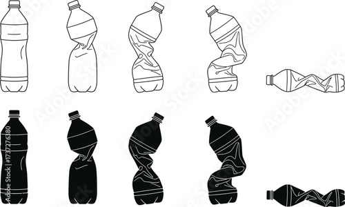 Line Art Crushed Plastic Bottles in Black and White on Transparent Background
