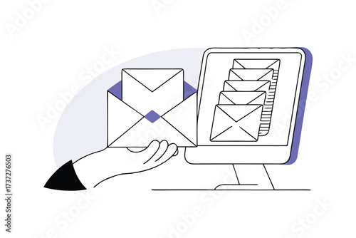 Hand holding an envelope with computer screen showing stacked emails vector illustration
