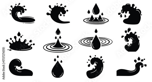 Black and white illustration of various water splash and droplet shapes