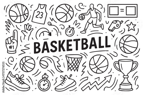 Funny doodle vector background, themed basketball sport, outlined in black with monochrome art style, creative illustration combining humor, energy, and simplicity.