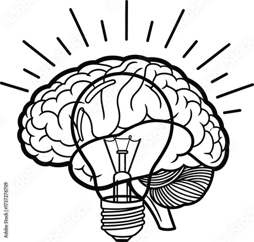 Line Art of Human Brain Enclosing Lightbulb with Rays on Transparent Background