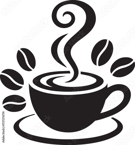 Black coffee cup with steam and coffee beans on saucer black and white