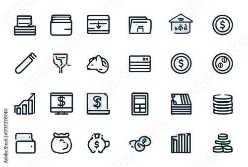 Financial Icons Depicting Savings Investment Banking and Assets in a Clean Minimalist Line Style