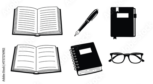 Stationery essentials open books pen notebooks glasses and writing tools