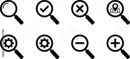 Magnifying Glass Icons Search, Check, Cross, Map, Gear, Plus, Minus in Black on Transparent