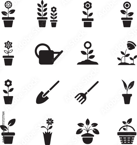 Black icons of potted plants watering can shovel rake and basket flower