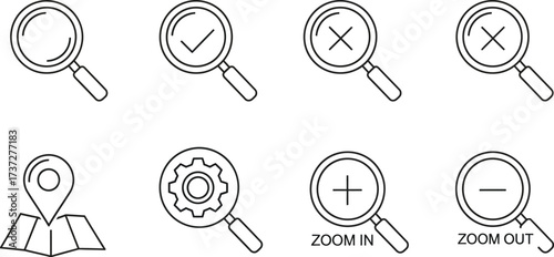 Magnifying Glass Icon Set with Map, Check Mark, Cross Mark, Zoom In, Zoom Out in Line Art