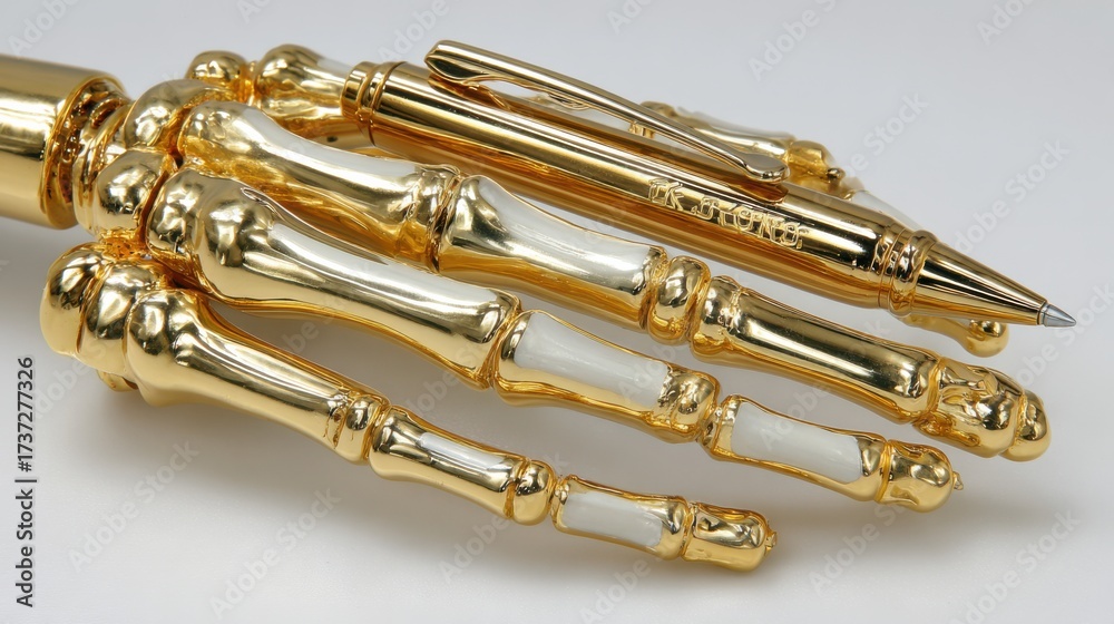 Naklejka premium Gold Skeleton Hand Pen on White Background, Unique Design and Creative Stationery for Art and Writing, Novelty Item
