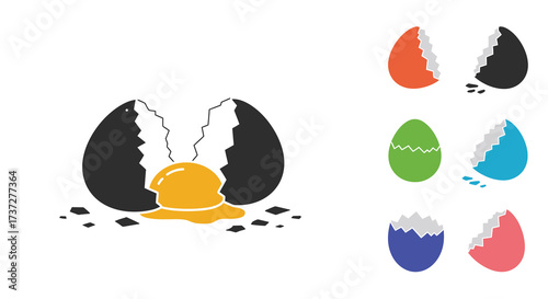 Colorful illustration of cracked egg shells and yolk with varied designs