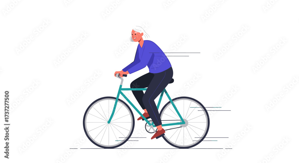 Fototapeta premium An elderly woman enjoys a leisurely bike ride on a sunny day outdoors.