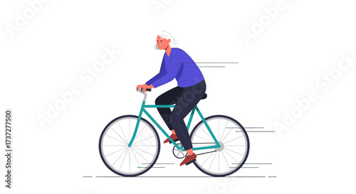 An elderly woman enjoys a leisurely bike ride on a sunny day outdoors.